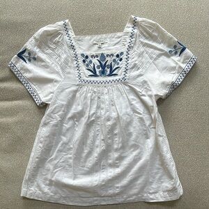 Madewell, blouse white with blue embroidery, size M